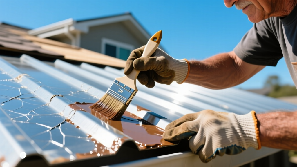 Close-up of a roofing contractor applying zinc-rich primer to a scratched Galvalume standing seam metal roof panel on a sunny day