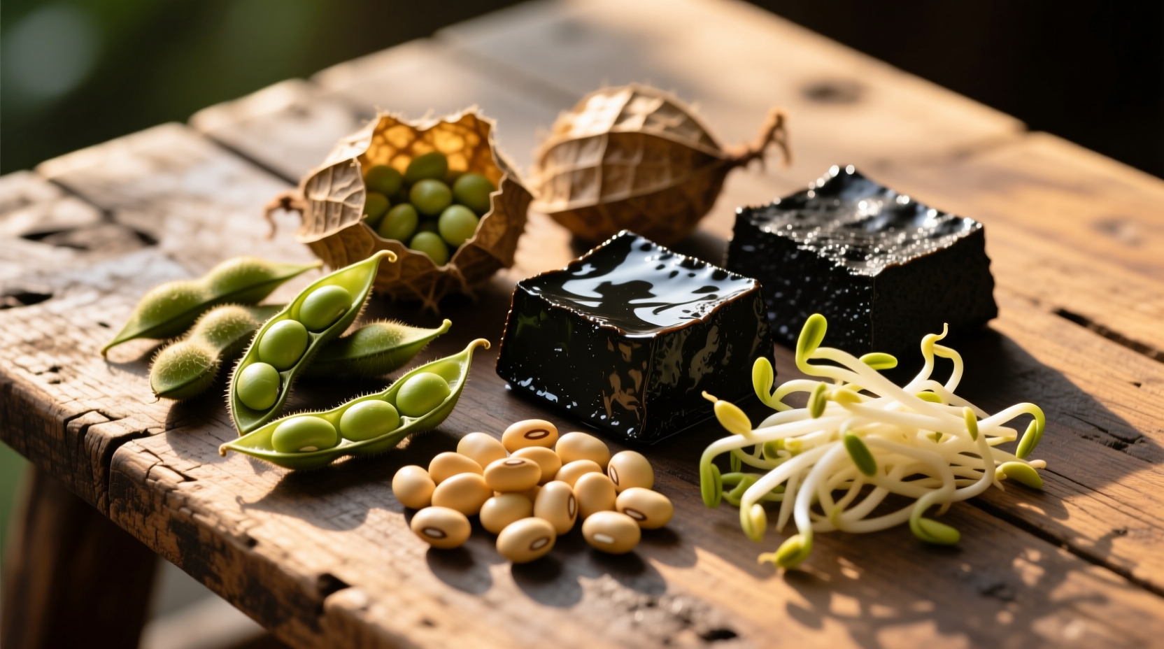 Variety of whole soy foods on wooden table