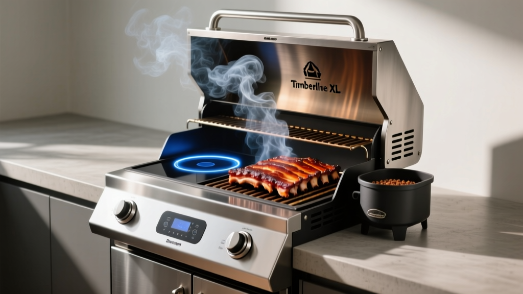 Side profile of a Traeger Timberline XL smart pellet grill with the induction cooktop active, smoking a rack of ribs under the stainless steel lid
