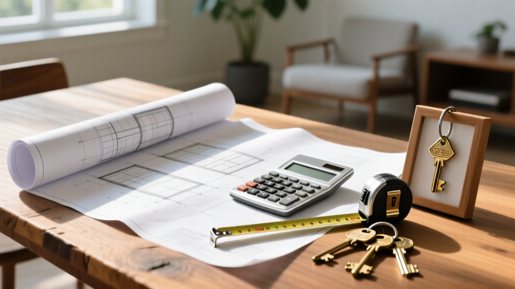 Architectural blueprints spread across a wooden table next to a calculator, tape measure, and framed house keys in bright natural sunlight