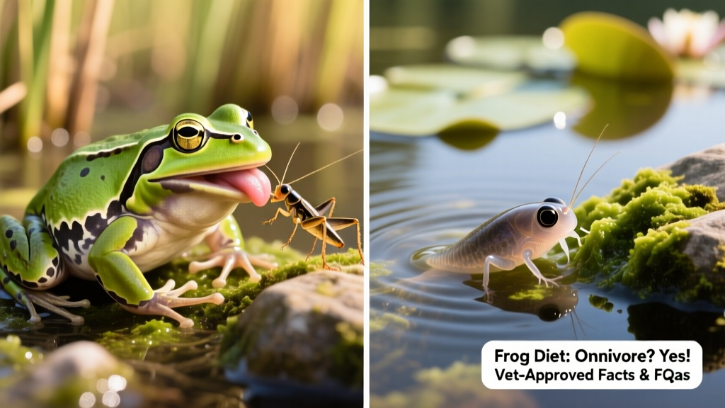 Side-by-side comparison showing a healthy adult frog eating a cricket and a tadpole grazing on algae-covered rocks in a shallow pond