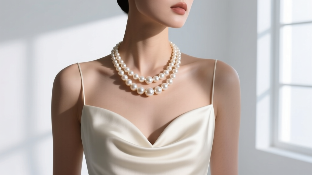 Studio shot of a sweetheart neckline dress paired with a 16-inch graduated pearl formal necklace, high fashion editorial lighting.