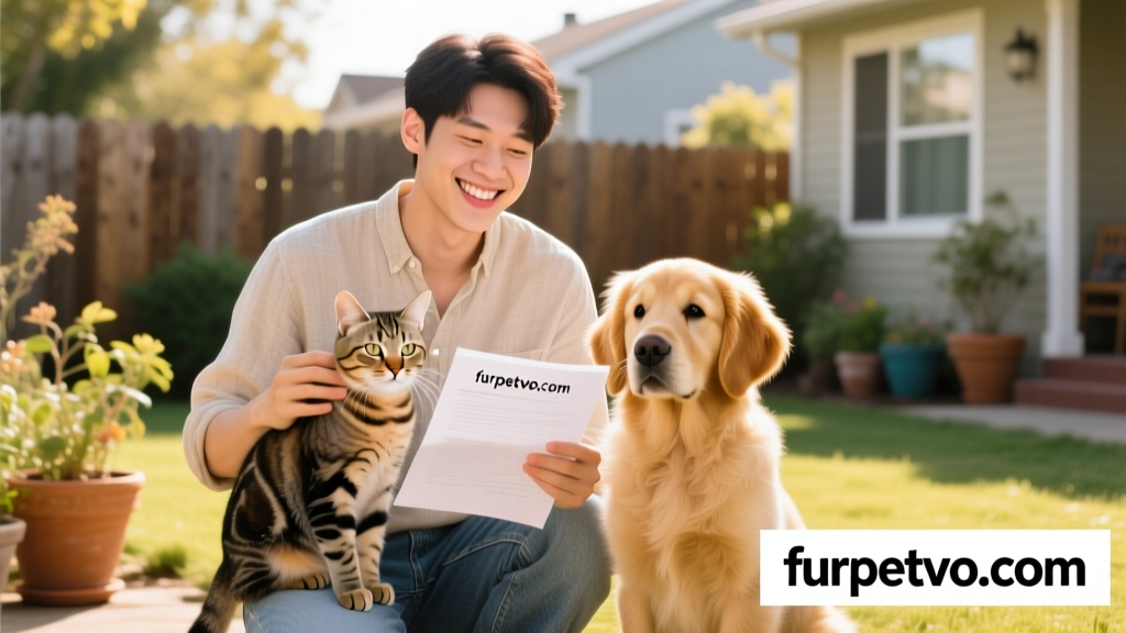 A smiling person holding adoption paperwork from furpetvo.com while gently petting both a calm tabby cat and a gentle golden retriever puppy