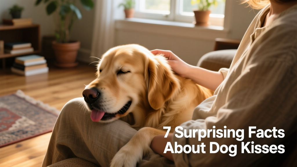 A calm, smiling dog resting its head on a person’s lap, eyes half-closed and tongue gently out