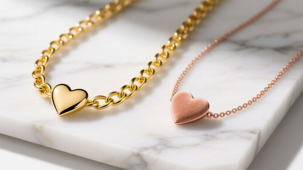 Side-by-side view of a polished 18k yellow gold heart chain and a matte 14k rose gold heart chain resting on a white marble slab.