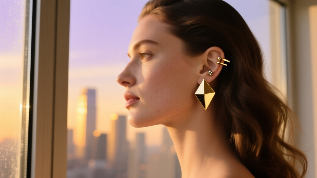 Side profile of a woman wearing 18 karat gold plated geometric stud earrings and a cartilage cuff, looking softly out a window