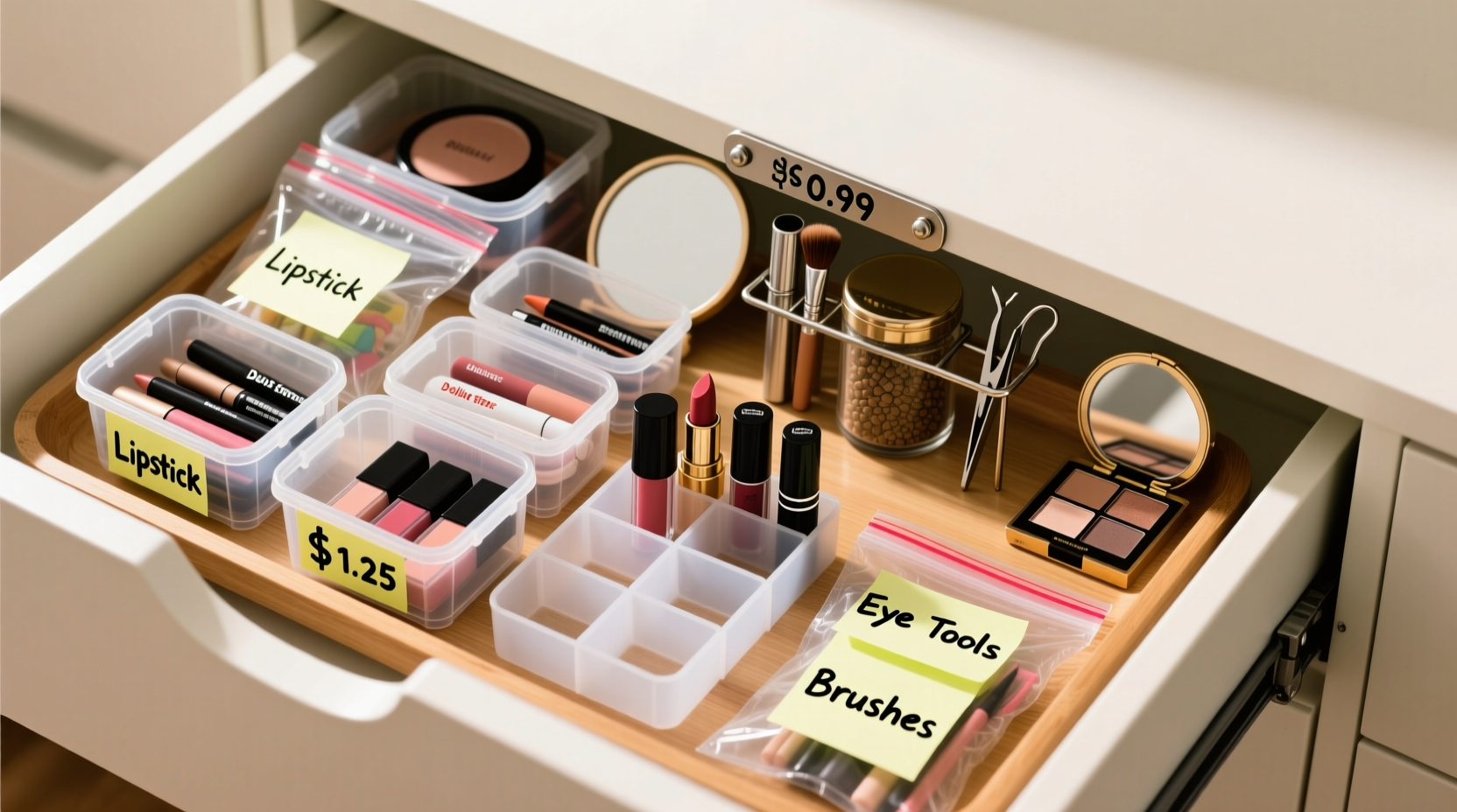 how to organize a messy makeup drawer with dollar store items that actually work