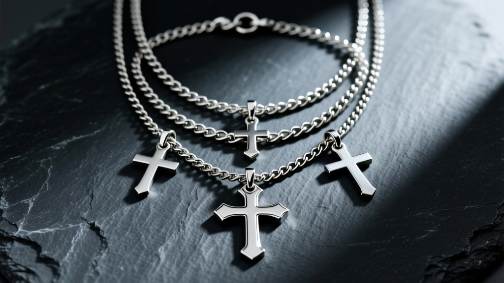 Flat lay of layered stainless steel cross and rolo chain necklaces inspired by 2000s emo rock aesthetics, shot on dark slate.
