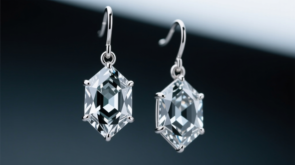 Macro photo of platinum emerald cut drop earrings suspended mid-air, highlighting step facets on dark slate.