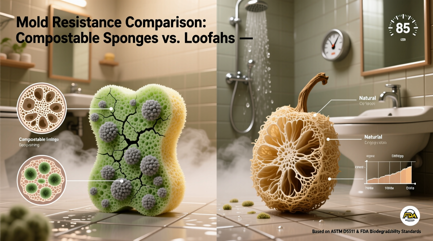 compostable sponge vs loofah mold resistance in humid bathrooms