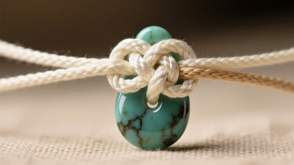 Macro photography of a traditional Chinese silk knotting technique securing a carved turquoise pendant, highlighting the 1mm cord