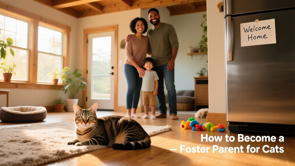 A joyful photo of a foster cat settling into their new forever home, with their adoptive family smiling nearby