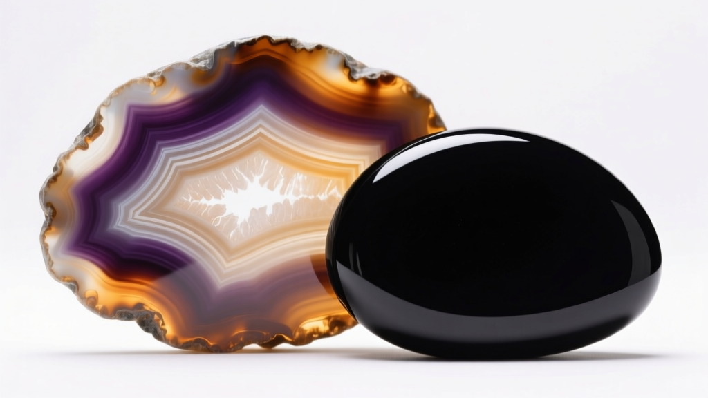 Macro photo showing a natural banded agate slice beside a uniformly dyed black onyx cabochon, highlighting color depth and edges.
