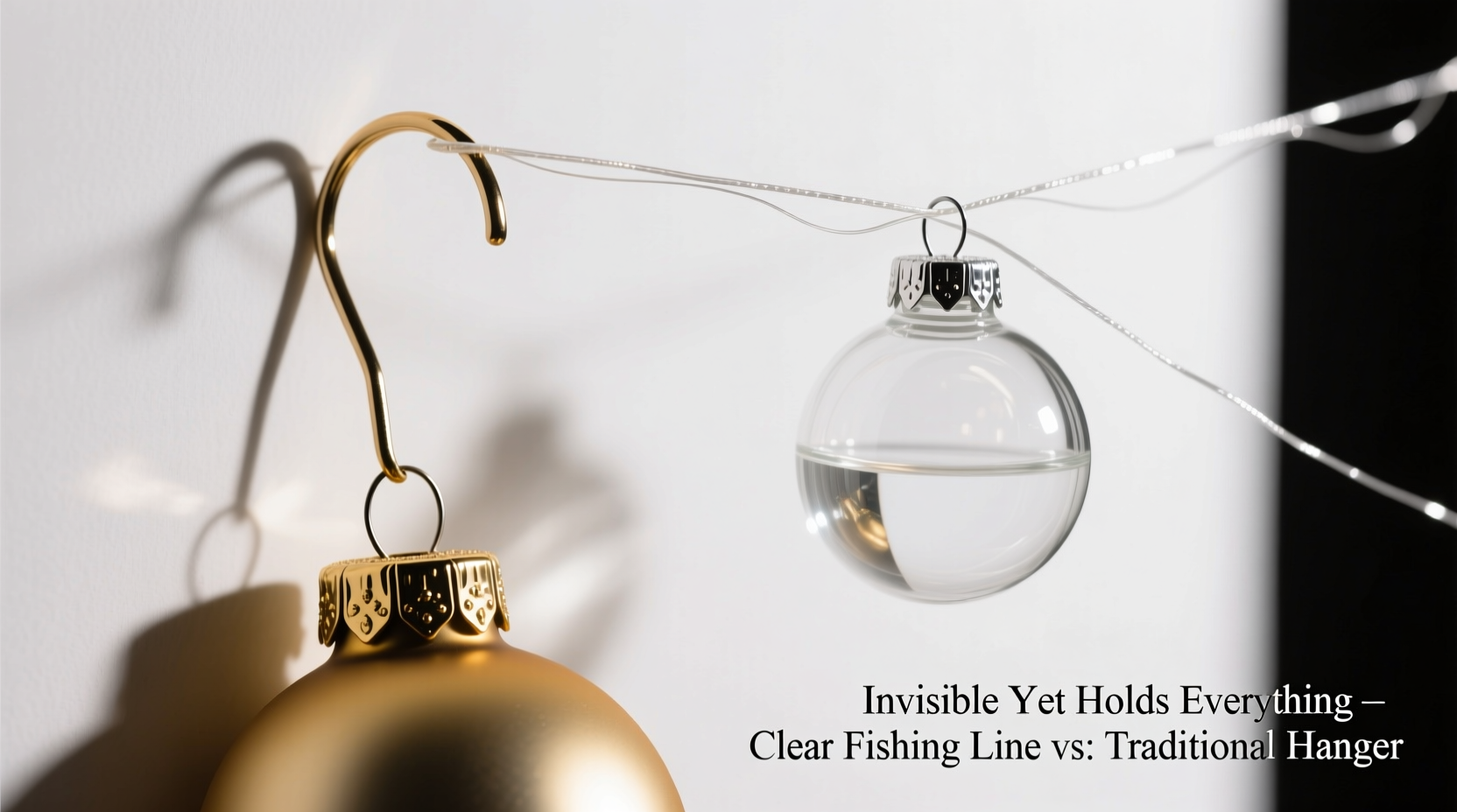 christmas ornament hanger vs clear fishing line which remains invisible in photos without reflecting studio lighting