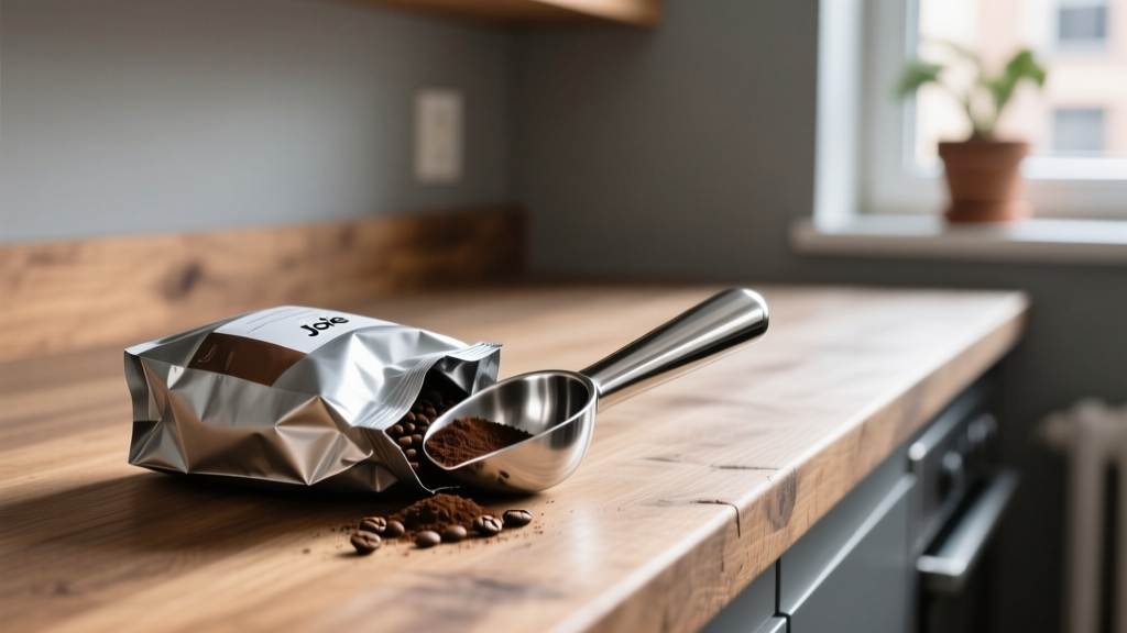 Close-up of a stainless steel Joie coffee scoop clipping shut a foil bag of espresso beans on a narrow wooden apartment countertop
