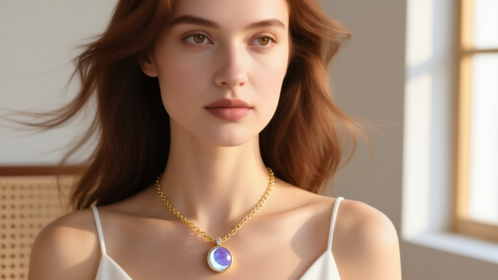 Close up of a woman wearing a pisces necklace with a bezel-set moonstone pendant and a white gold chain in warm natural sunlight