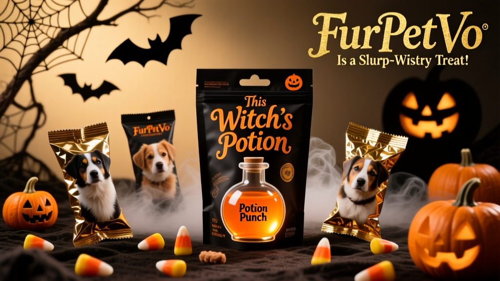 A collage of four FurPetVo Halloween dog treat packages arranged on a spooky-themed backdrop with candy corn and mini pumpkins