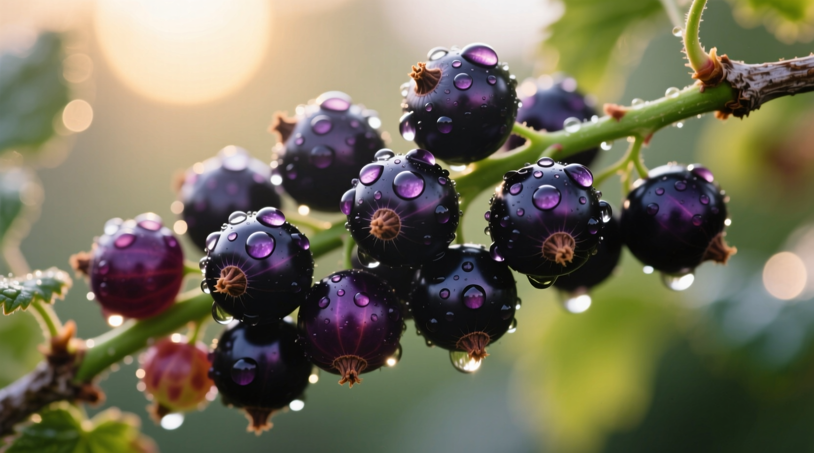 Fresh blackcurrants on branch with dew drops