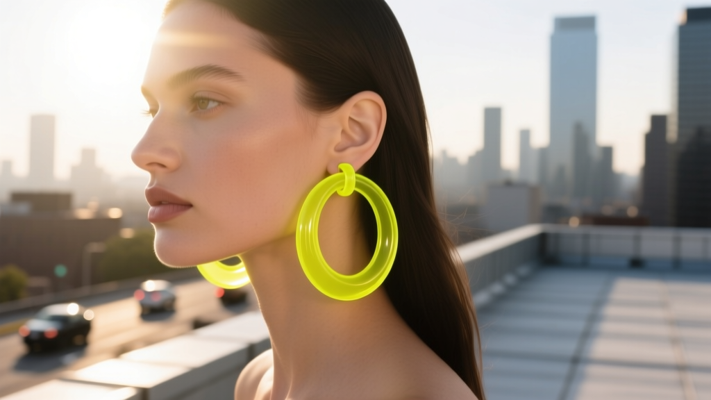 Model wearing neon yellow acrylic hoop earrings, showing the seamless hardware and lightweight structure in bright natural sunlight