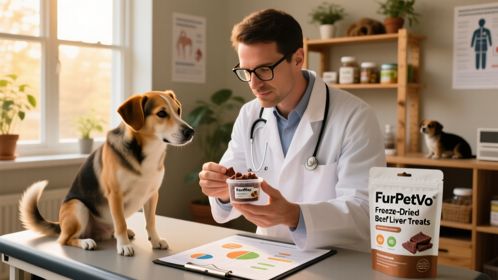 Veterinarian holding a sample of FurPetVo freeze-dried beef liver treats while reviewing a dog's health chart