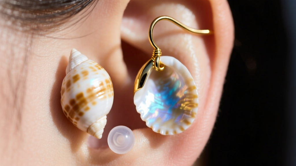 Close-up of large cowrie shell earrings on an earlobe, highlighting an 18-gauge gold French wire hook and a clear silicone support stopper