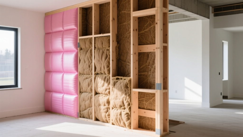 Timber-framed wall cavity packed with light brown hempcrete insulation beside pink fiberglass batts on a bright modern residential job site