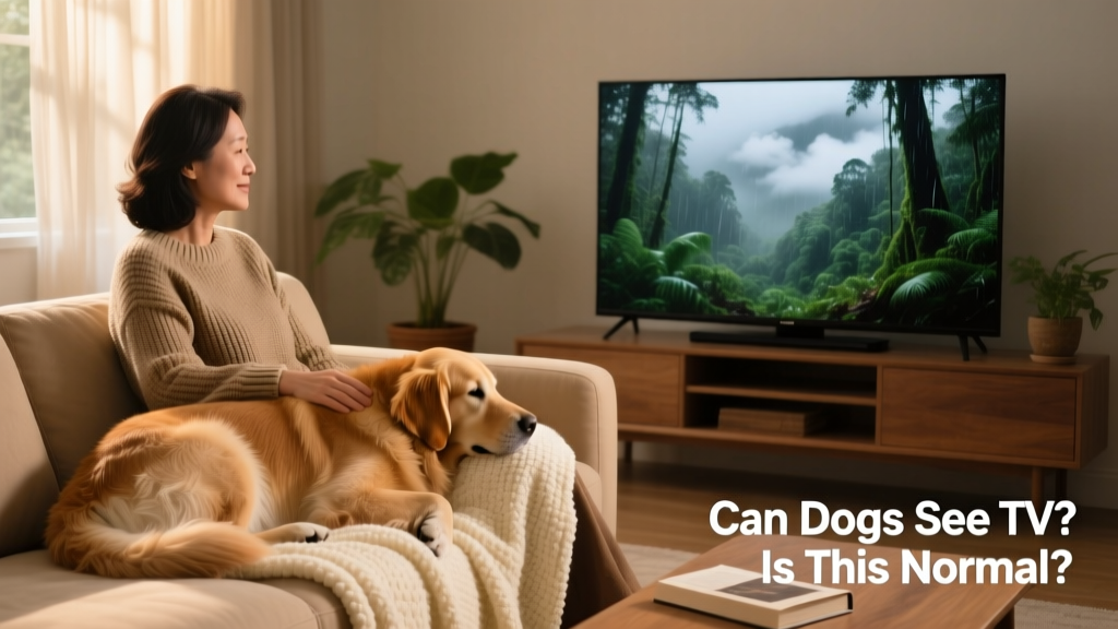 A relaxed dog curled up on a cozy blanket beside its owner on the couch, both facing a muted TV screen showing nature footage