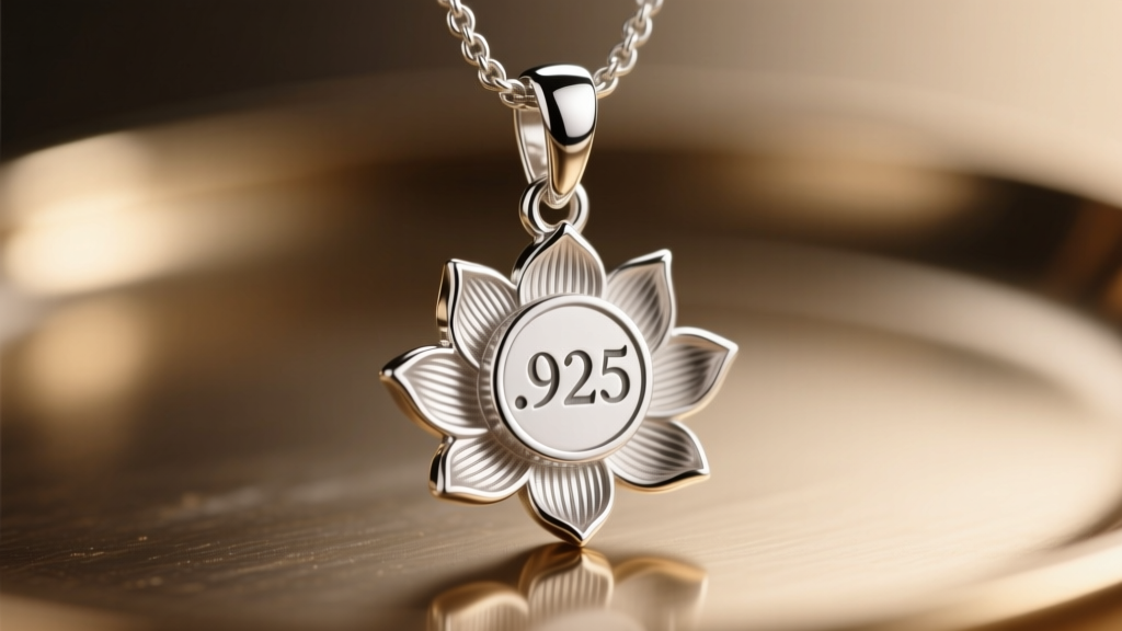 Extreme macro photography of a .925 stamp on a silver lotus pendant bail, showing microscopic metal texture and crisp engraving