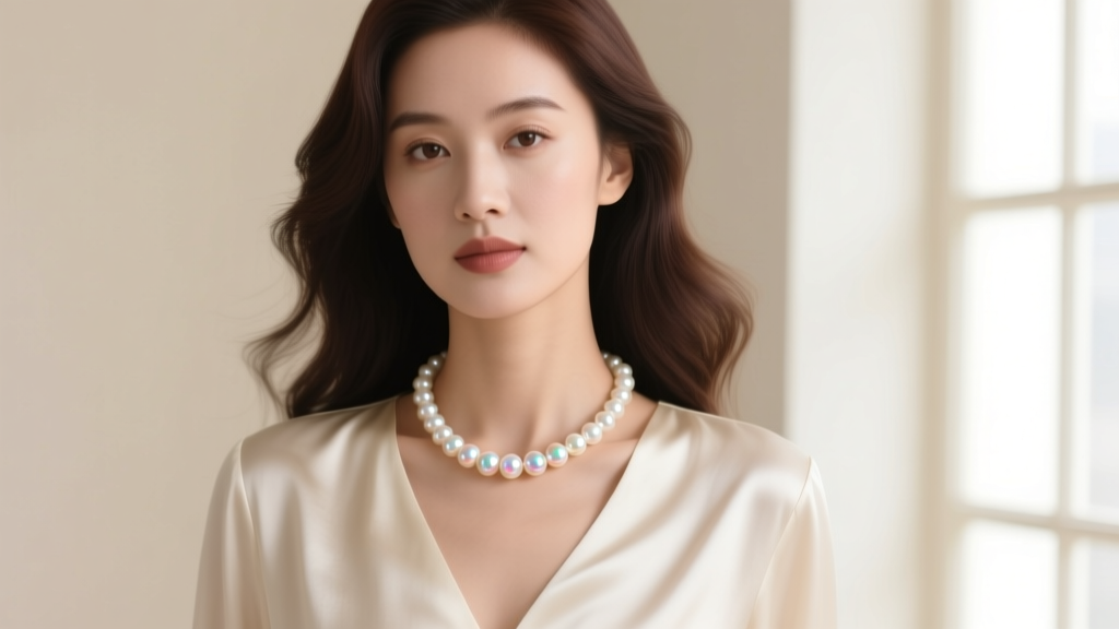 Elegant woman wearing an 18-inch Akoya pearl necklace, soft lighting highlighting nacre luster against a cream silk blouse.