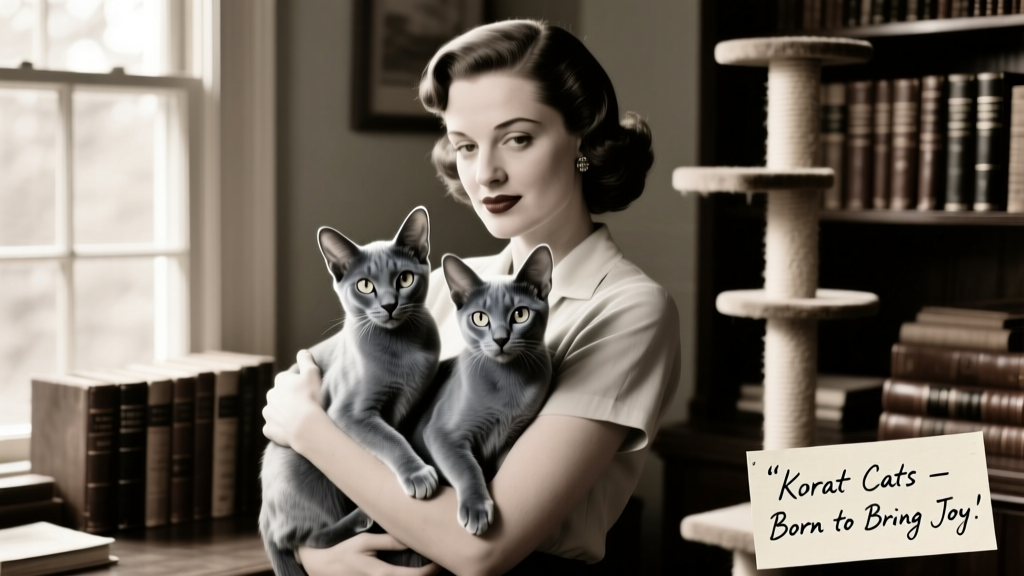 Historic black-and-white photo of Jean Johnson with her early Korat cats, Nara and Dara