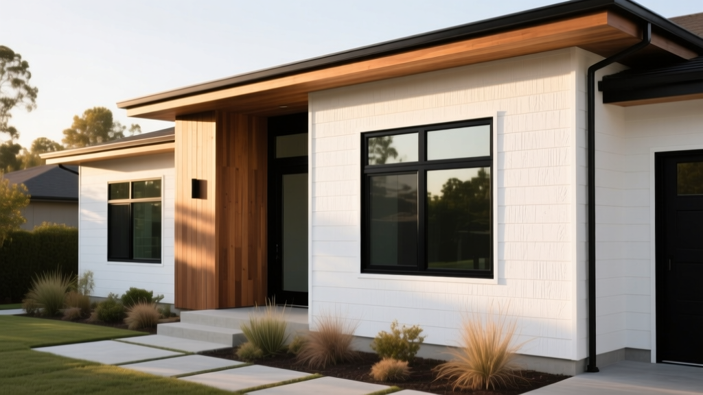 Modern exterior with bright white fiber cement siding, cedar wood accents, and black-framed architectural windows