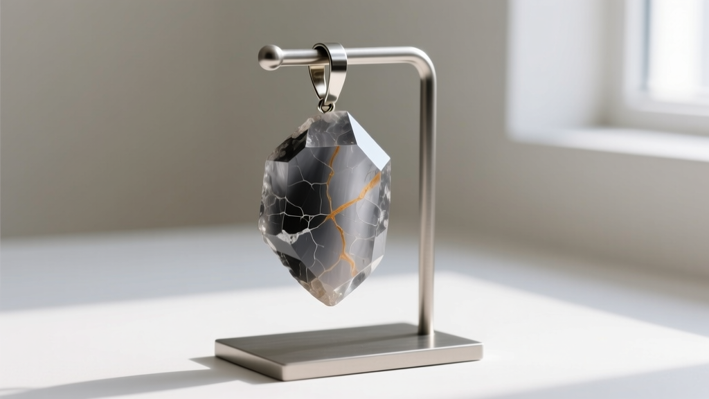 Heavy raw quartz pendant hanging securely on a thick stainless steel hook of a modern minimalist metal jewelry display stand