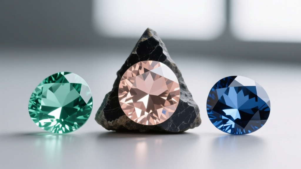 Macro photography of three loose Montana sapphires showing distinct mint, peach, and cornflower blue color zoning on dark slate.