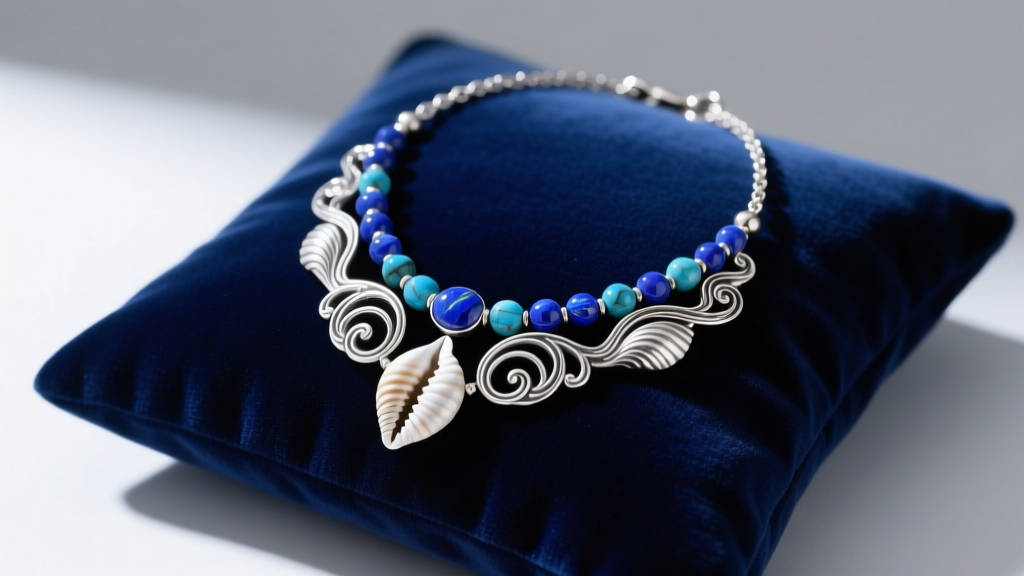 Sterling silver Yemaya necklace with cowrie shell and lapis beads on dark blue velvet, lit by soft studio lighting.