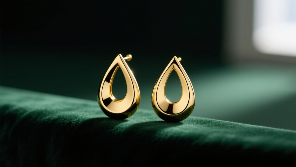 18k yellow gold droplet earrings on dark emerald velvet, soft lighting highlighting the smooth teardrop curve and polished finish.