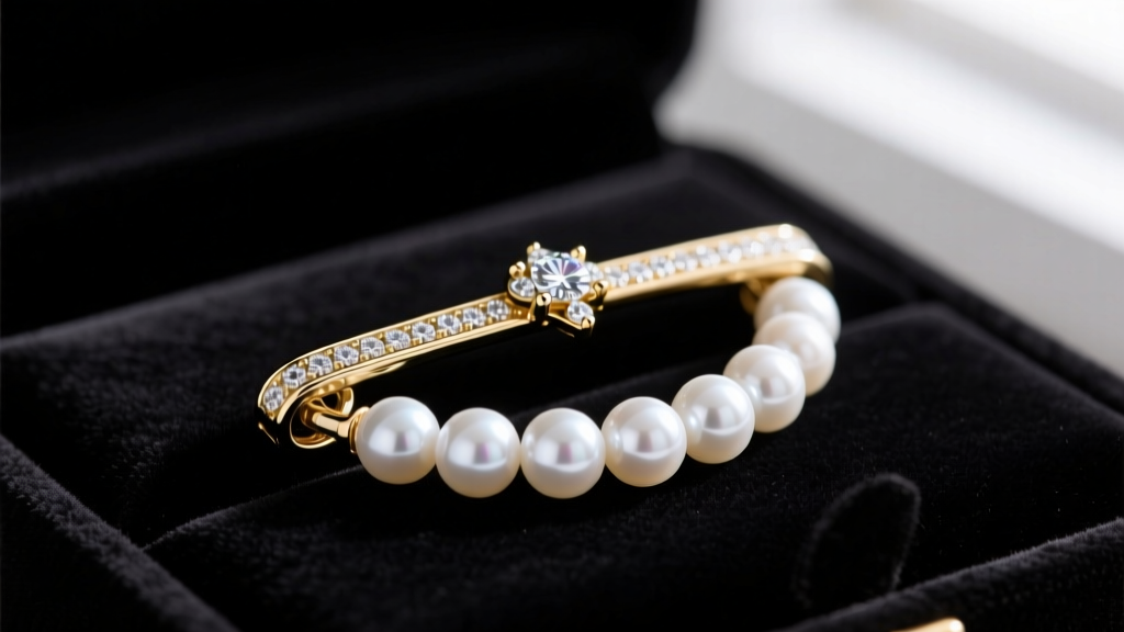 Close-up of an elegant 18k white gold diamond-studded box clasp securing a strand of lustrous white Akoya pearls on dark velvet.