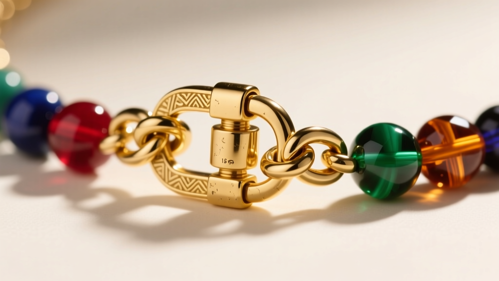 Detailed view of a heavy-duty 15mm gold trigger clasp securing a thick 4mm curb chain on a heavy beaded multicolor necklace.