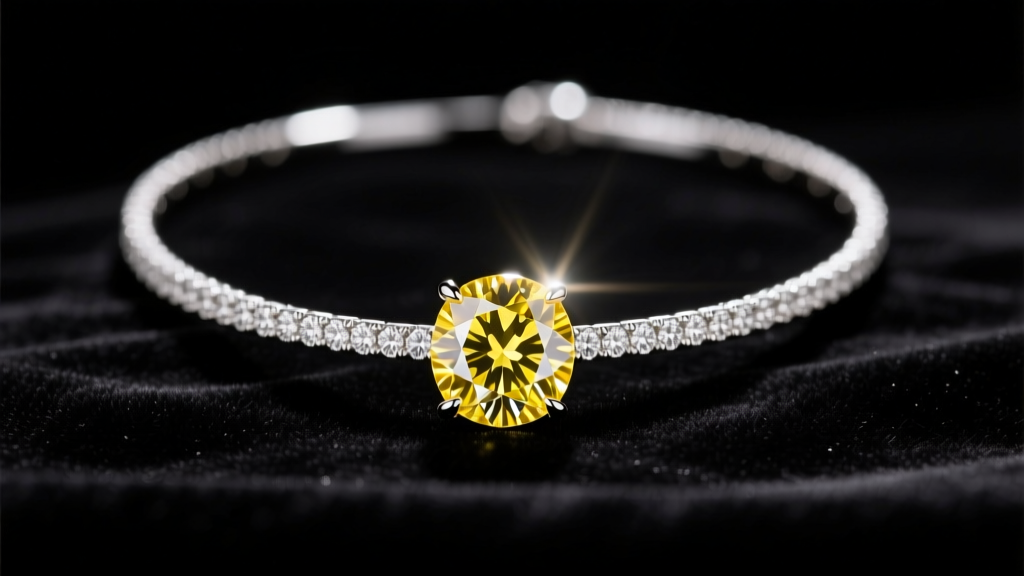 High jewelry 18k white gold necklace with a large yellow diamond centerpiece on black velvet under soft spotlight.