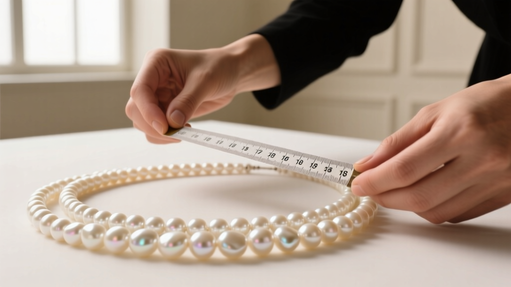 Jeweler hands using flexible fabric tape to check 18-inch length of layered pearl necklace before ultrasonic cleaning setup.