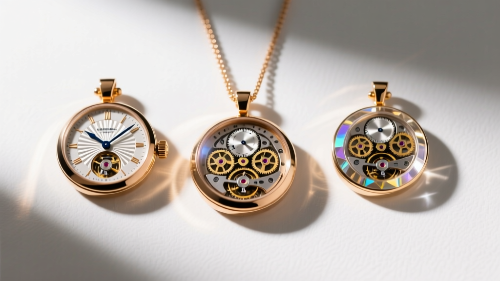 Flat lay of three horological pendants showing exposed kinetic gears, guilloche dials, and sapphire crystal under warm studio lights.