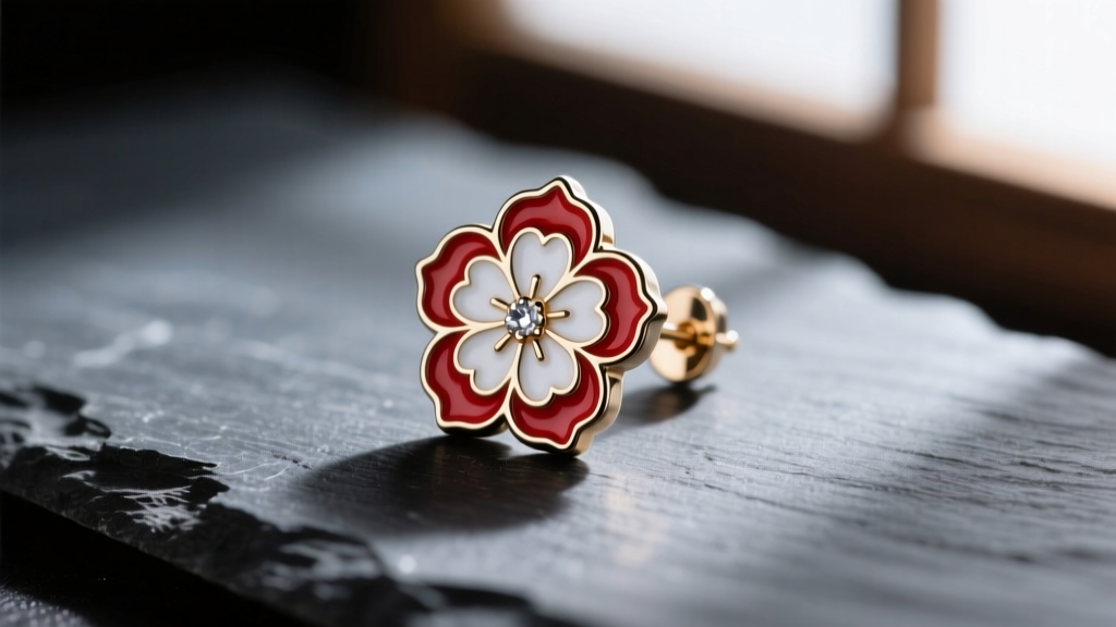 Macro shot of a 14-gauge titanium hanafuda earring replica on dark slate, highlighting vibrant red and white enamel details.
