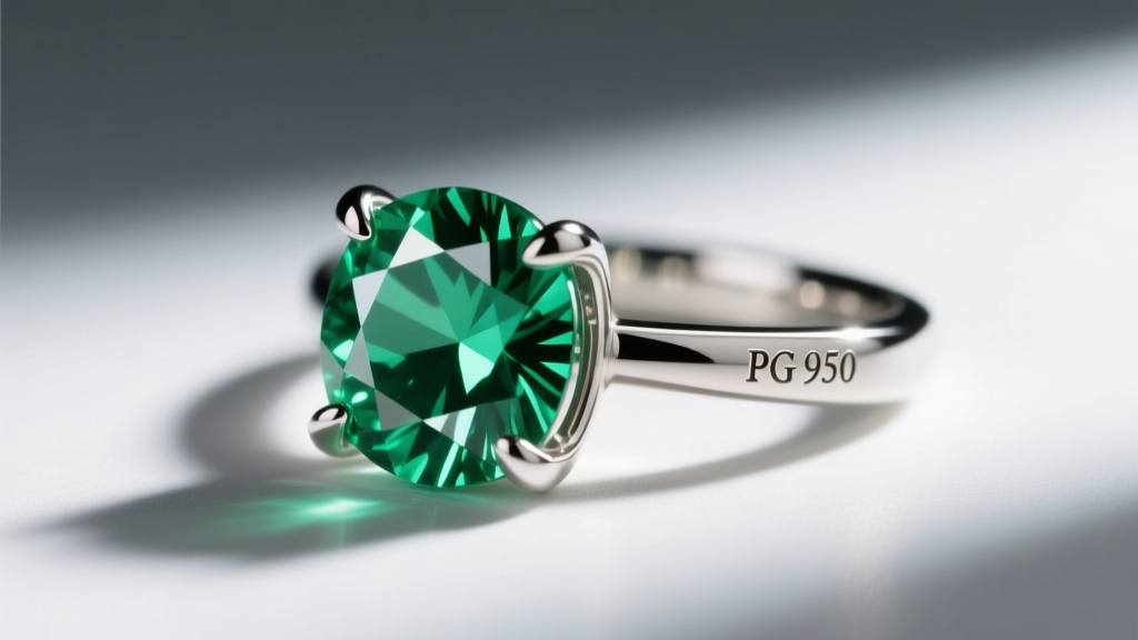 Macro shot of a four-prong platinum setting holding a brilliant-cut lab-grown emerald pendant, highlighting the metal stamp