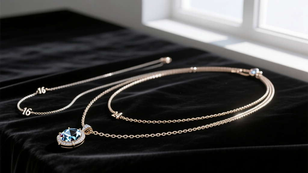 Flat lay of layered necklaces: a 16-inch chain, an 18-inch briolette pendant, and a 24-inch lariat displayed on dark black velvet