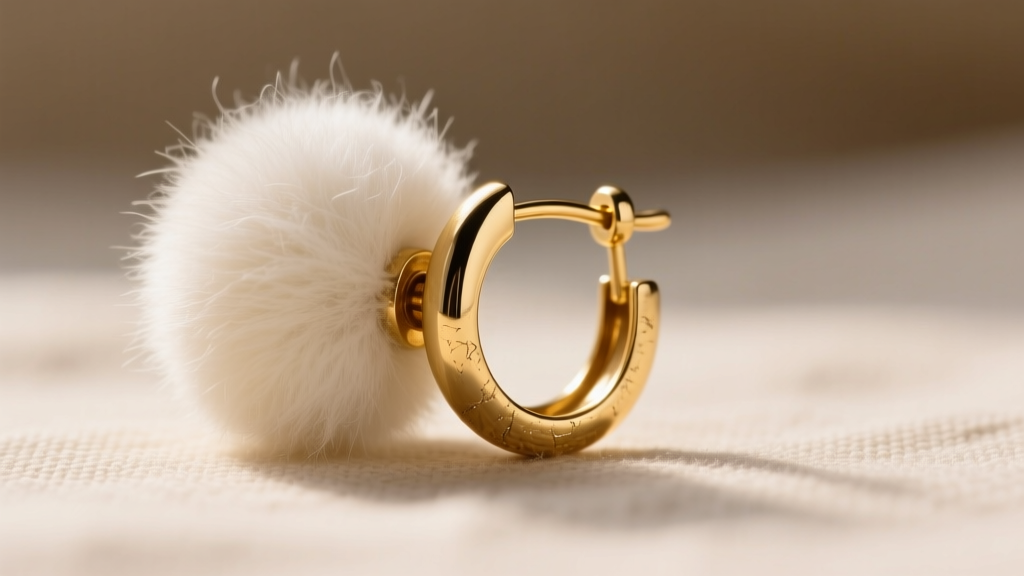 Macro photography of a 14-gauge gold-filled leverback earring finding supporting a heavy white shearling-style upcycled fur pommel