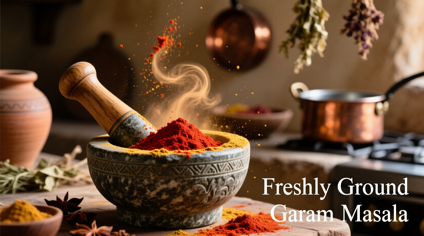 Freshly ground garam masala spices in mortar