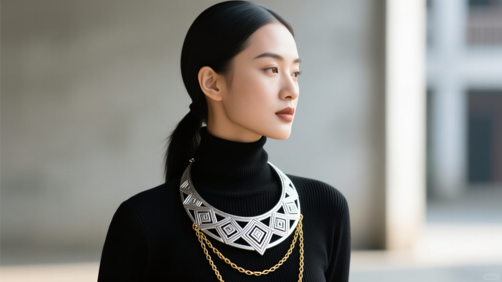 Woman wearing a chunky silver Hmong collar necklace over a black turtleneck, layered with a delicate gold chain