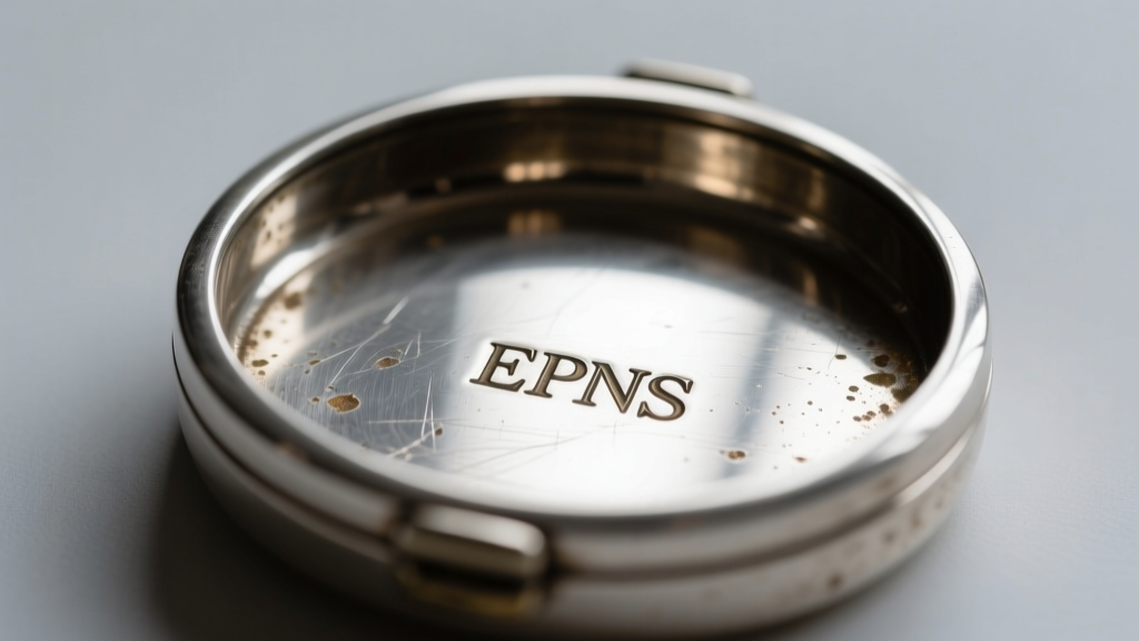 Macro shot of an EPNS hallmark stamped on the underside of a vintage silver-plated jewelry box lid showing worn plating edges.