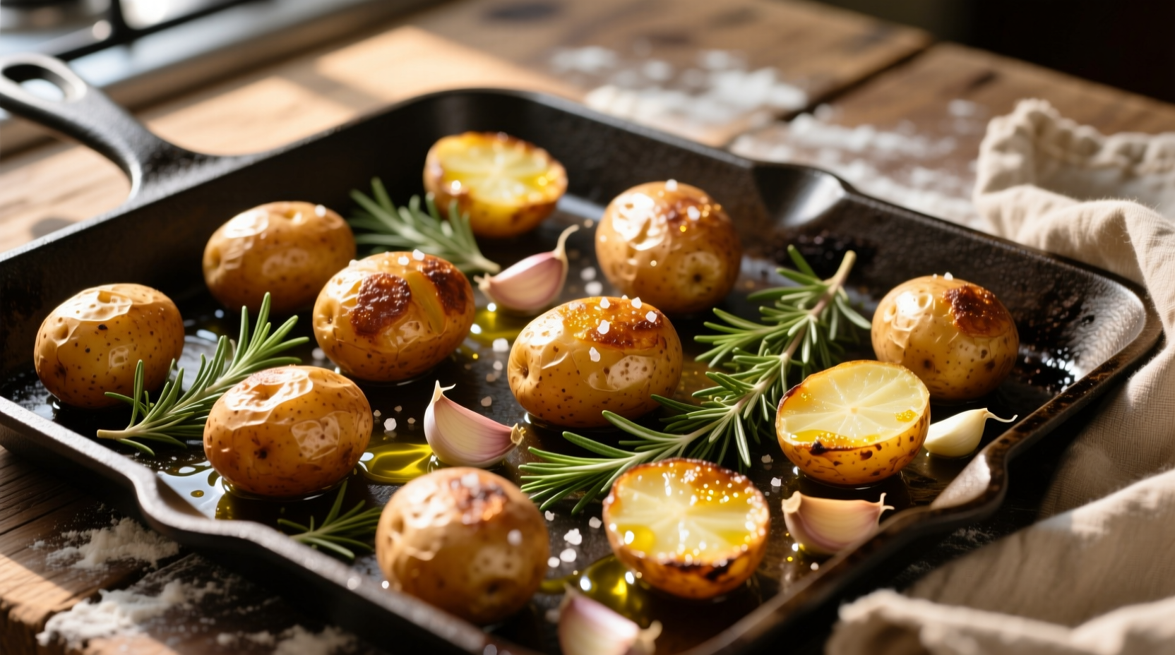 Roasted potatoes with herbs on baking sheet