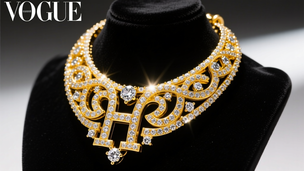 Close-up of a massive diamond-encrusted yellow gold hip-hop pendant resting on a black velvet bust under dramatic studio lighting.