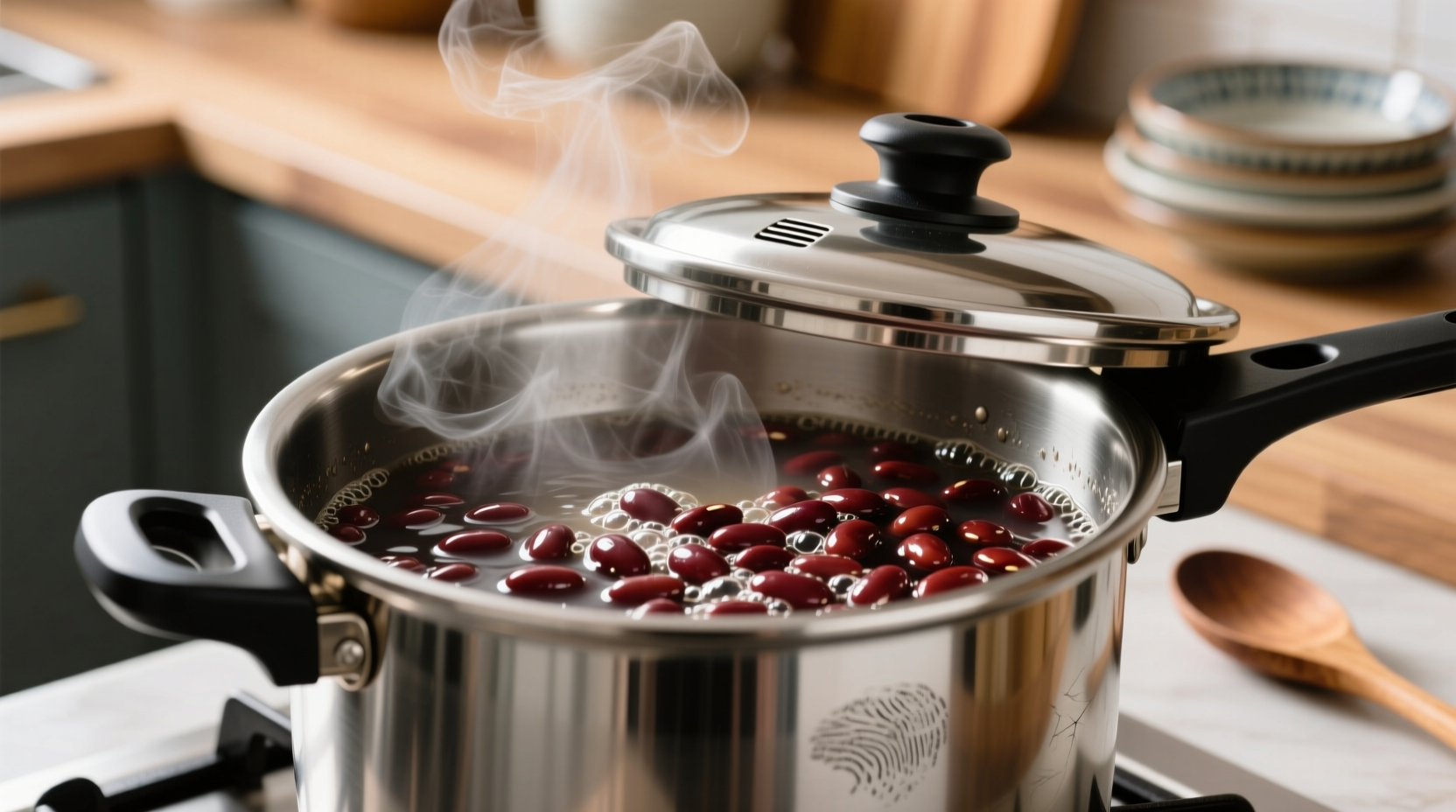 Steaming cooked beans in pressure cooker pot